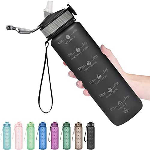 Image of Hyeta Plastic Water Bottle With Straw & Time Marker, 32oz Leakproof Jug | Motivational Tritan BPA Free Gym Office Outdoor Intake Tracker Hourly Reminder Straw Lid Lightweight
