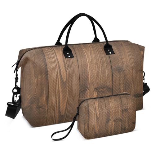 ​​Large Foldable Travel Duffel Bag, Waterproof Gym Bag for Men & Women, Carry-On Luggage Weekender Overnight Bag, Brown Wooden Texture