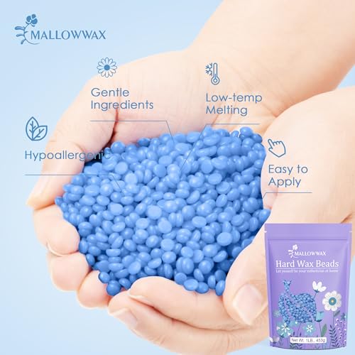 Image of Mallowwax Hard Wax Beads, 1lb Blue Stripless Wax For All Skin Types, Brazilian Wax Beads For Bikini Wax, Face, Eyebrows, Underarms, Legs, Full Body Hair Rmoval For Women and Men