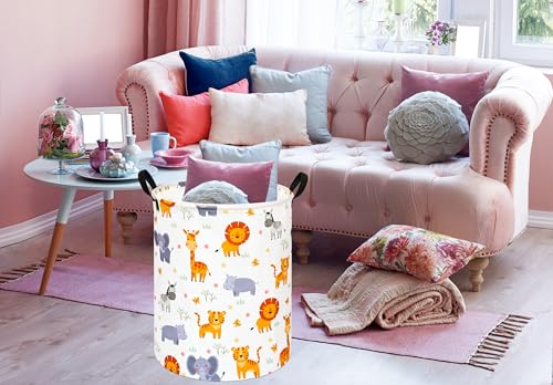 Image of Round Lion and Tiger Pattern Laundry Hamper Clothes Storage Basket Fabric Storage Hamper Organization Storage Bin, Nursery Box,Gift Basket with Handles