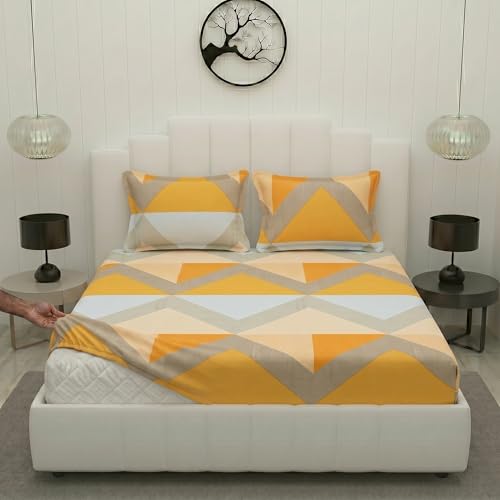 Image of Filymore Double Fitted Bedsheet with 2 Pillow Covers | Orange Grey Geometric Printed Bedsheet for Double Bed | 240 TC Soft Microfiber Size 72x72 inches