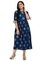 AnjuShree Choice Women Stitched Gold Printed Dark Sky Blue Cotton Anarkali Kurti Kurta (Size;S)