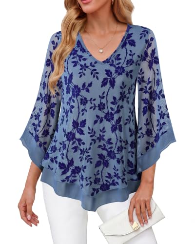 Lotusmile Womens Dressy Blouse Double Layers Mesh Shirt Ruffle 3/4 Flared Sleeve Tunic Tops, Light Blue Velvet Floral, L