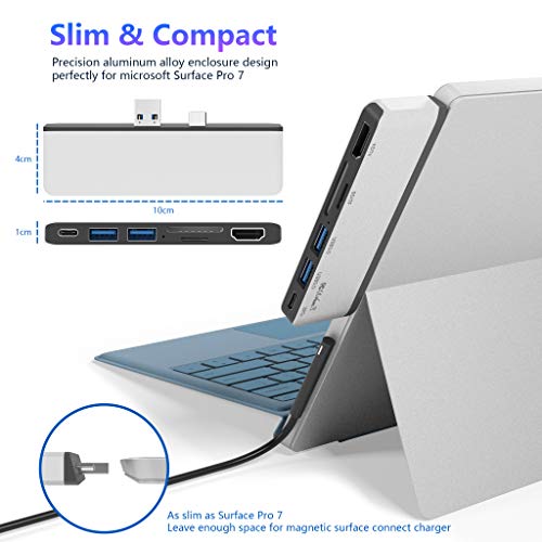 Image of Surface Pro 7 USB C Hub, 6-in-2 Aluminum Surface Pro 2019 Dock with 4K HDMI Adapter+ USB C Audio & Data Transfer Port +2 USB 3.0+SD /TF Card Reader, Converter Combo Adaptor for Microsoft Surface Pro 7