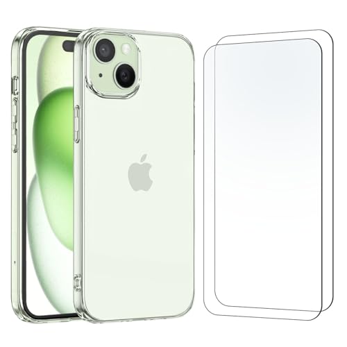 NEW'C Cover per iPhone 15 (6,1") Gel TPU in silicone ultra trasparente e 2 × vetro temperato per iPhone 15 (6,1"), pellicola protettiva per schermo