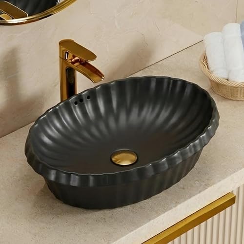 Image of BASSINO 24x17x7 Inches Ceramic Counter Top Wash Basin /Matt Black Basin for Bathroom /Modern Design /Oval Shape Tabletop Washbasin for Restaurant /Dining Hall /Living Room /Home(Matt)