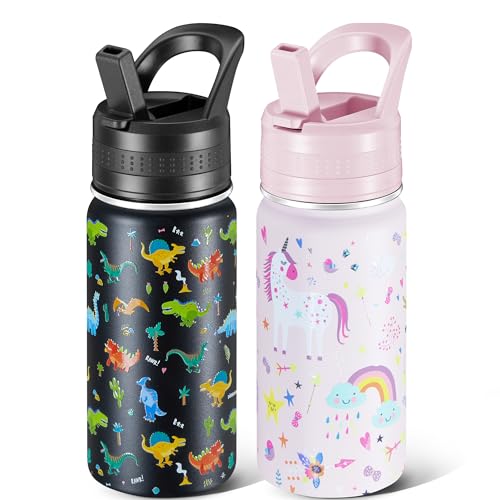 2 Pack Kids Water Bottle,14 Oz Stainless Steel Water Bottle with Straws, Leak-Proof, BPA-Free, Insulated Water Bottles for School Boys & Girls|Black Dinosaur + Pink Unicorn