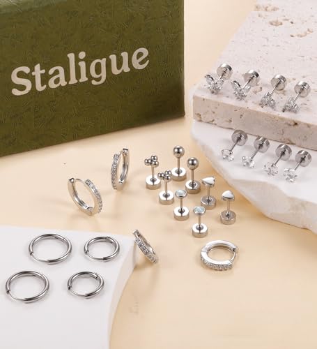 Staligue Hypoallergenic Flat Back Earrings for Sensitive Ears,Trendy Surgical Steel Earrings for Women Men Small Flat Back Cartilage Earring Sets for Multiple Piercing Flatback Stud Hoop Earring Stack by Staligue - Used condition - Image 4