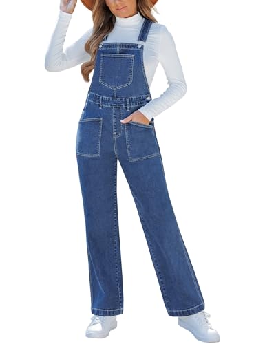 luvamia Jean Overalls for Women Loose Fit Baggy Denim Jumpsuit Wide Leg Bib Pocket Adjustable Straps Stretchy Overall Nashville Outfits for Women Winter Cody Blue Size Medium US 8 to 10
