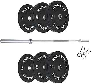 MUSCLE MAD 80kg Starter Weightlifting Set (20kg,7ft Power Barbell, 60kg Bumper Plates, Collars) Olympic Lifting, Home Training, Garage Gym Bench Press, Deadlift, Squat, Training, Strength Exercise.