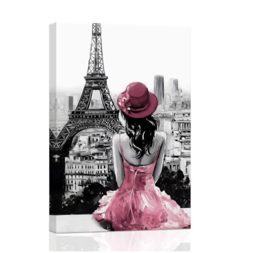 ZXHYWYM Arte de pared de la Torre Eiffel de París, impresión en lienzo para habitación de niñas, decoración de pared en blanco y negro, cuadros de mujeres para dormitorio, apartamento femenino