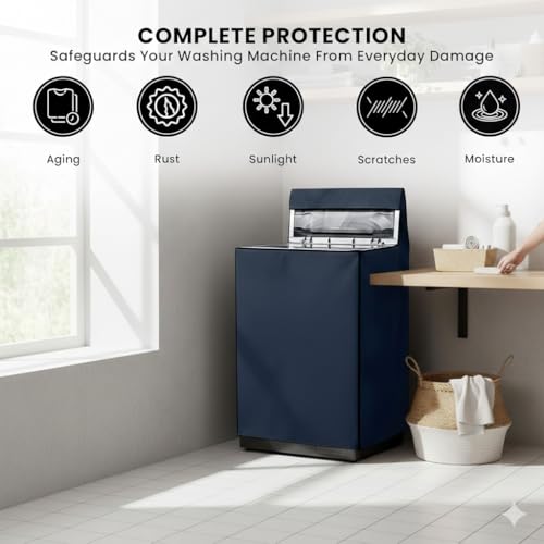Image of AMAZOR Waterproof & Dustproof Top Load Fully Automatic Washing Machine Cover with Zipper | Polyester | Dimensions- 59x59x86 cm (Navy Blue)