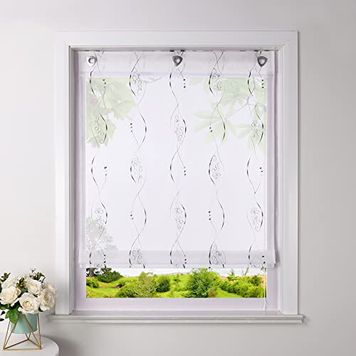 Heichkell Roman Blind, No Drilling Required, Voile, Roman Curtain with Eyelets, Transparent Curtain with Hook Hanger
