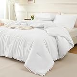 Litanika Comforter Full Size Set White,3 Pieces White Boho Pom Pom Lightweight Bed Full,All Season Soft Solid Color Bedding Sets (1 Comforter 79x90 Inch, 2 Pillowcases)