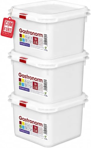 COM-FORT HOUSE Tupper Hermético Cuadrada 2,8L Pack 3 – Recipientes de Plástico con Tapa, Reutilizables, Aptos Microondas y Congelador, Color Blanco – Uso profesional en restaurantes y hostelería