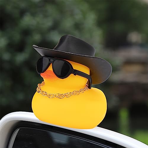 Image of wonuu Car Rubber Duck, Yellow Duck Decoration Dashboard with Sun Hat Swim Ring Necklace Sunglasses for Car Dashboard Decorations, Black Cowboy Hat-Transparent