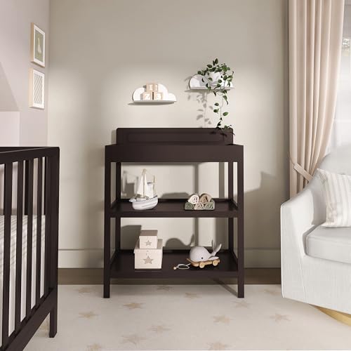 Image of Dream On Me Avery Baby Changing Table with Storage, New Zealand Pinewood, BSA Safety Certified, 2 Open Shelves, Water-Based Finish, Compact Space-Saving Nursery Design, Chocolate Chip