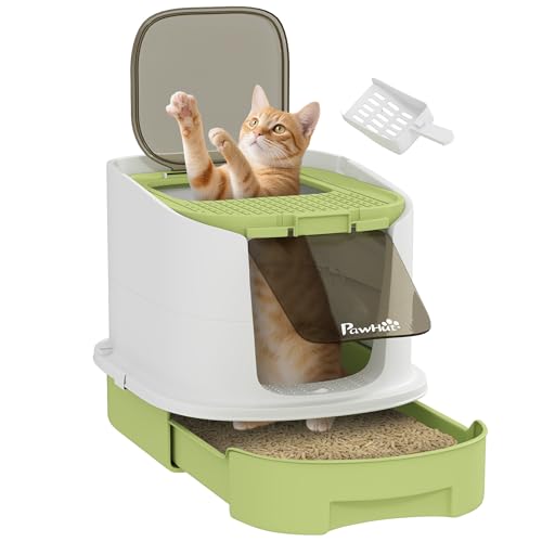 PawHut Lettiera per Gattini Chiusa con 2 Porte, Vassoio Estraibile, Paletta e Deodorante, Lettiera per Gatti in PP, 40.5x52.5x42.5 cm, Verde, Bianco e Nero