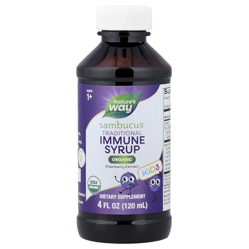 Nature’s Way Sambucus Traditional Elderberry Immune Syrup for Kids, Concentrated Black Elderberry Extract, Traditional Immune Support*, with Superfood Antioxidants(1), 4 Fl Oz (Packaging May Vary)