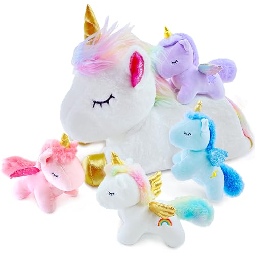 Image of Unicorn Stuffed Animal,Cute Unicorn Mommy Stuffed Animal with 4 Baby Unicorns Plush in Tummy,Kawaii Unicorn Plush Toy Gift for Kids Girls Boys