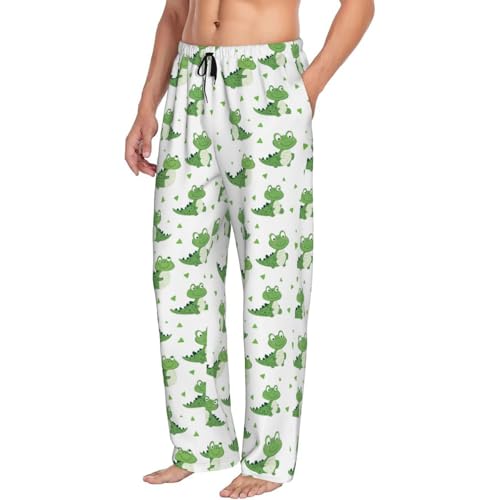 Mens Pajama Pants - Green Cute Alligator Print Soft Sleep Lounge Pants For Men, Casual Pj Bottoms With Pockets