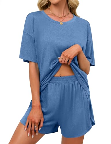 Image of JUSTFASHIONNOW Womens Pajama Sets Shorts Striped Print Two Piece Lounge Sets Crew Neck Sleepwear Split Shorts Set Soft Pjs
