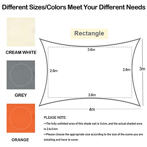 Mokani Sun Shade Sail, 3x4m Rectangle Sunscreen Awning Canopy, Waterproof Shade Sail, 95% UV Block with Free Rope, for Outdoors, Garden, Patio, Yard, Party(Cream White)