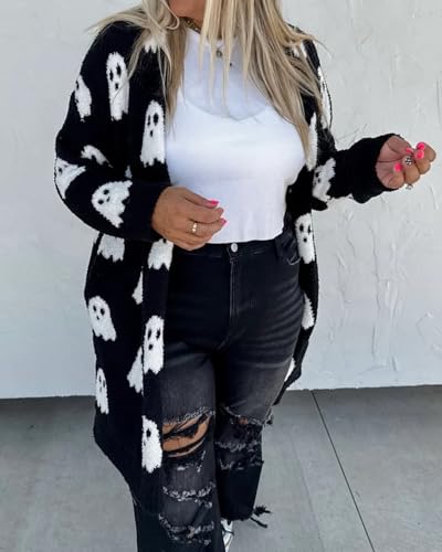 Women's Halloween Ghost Pattern Cardigan Long Sleeve Open Front Fuzzy Fluffy Outwear Coats4