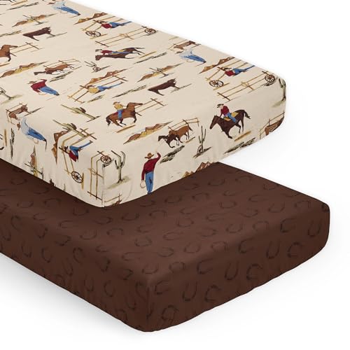 Image of Sweet Jojo Designs 2-Piece Baby Crib Sheets Set (Western Cowboy) for Boys, Infant Nursery, Toddler Room - Standard Size (Wild West, Horseshoe, Country, Horse, Steer, Cow, Animal, Brown, Tan & Red)