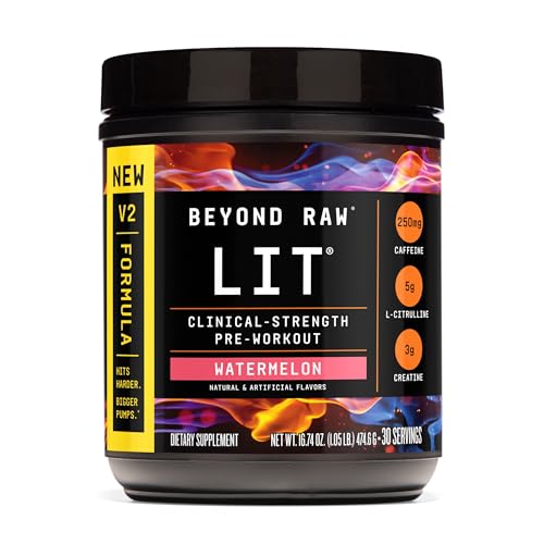 BEYOND RAW LIT V2 Clinical Strength Pre Workout Powder, Hits Harder, Bigger Pumps, Caffeine, L-Citrulline, Creatine, Watermelon, 30 Servings