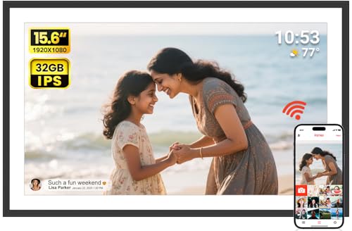Image of AKImart 15.6 Inch Large Digital Photo Frame, Digital Picture Frame WiFi, IPS HD Touch Screen 32GB Storage Photo Frame with Auto-Rotate Instant Share Photo /Video Sharing via Frameo App, Gift for Mom