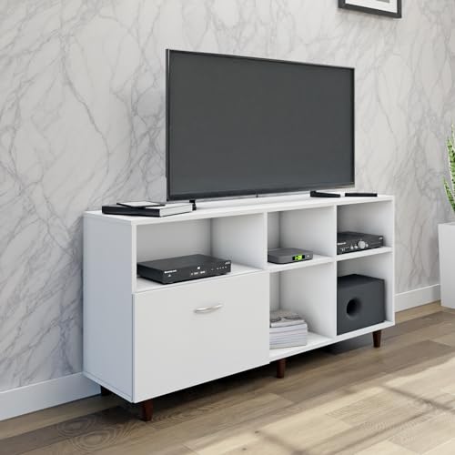 Image of VIKI Modern TV Unit for Living Room | Engineered Wood TV Cabinet with 1 Drawer Storage & 3 Open Shelves, Set Top Box Stand, Entertainment Unit, 140W x 74H x 40D cm | DIY | 1 Year Warranty (White)