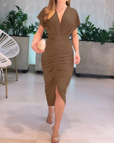 Image of CHICME Summer Dresses for Women Floral Print Plunge V Neck Midi Dress Casual Ruched Slit Bodycon Party Dress