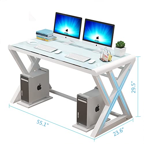Na Glass Computer Desk With Metal Frame, Home Office Desks Computer Table Modern Simple Office Study Gaming Work Writing Desk Table For Home Office, White (X-Shape-55.1Inch) #TOP2