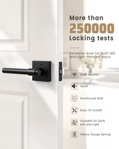 KNOBWELL Black Interior Door Handle 1 Pack, Heavy Duty Bedroom Door Knobs, Matte Black Door Knob with Lock, Keyless Push Button Privacy Lock for Bathroom, Sleek Ring Design - 3