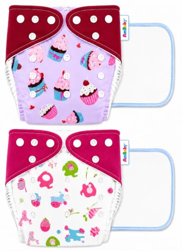 Image of Ambaby Pack of 4 Premium Pocket Cloth Diapers with 2 Diaper Covers & 2 High-Absorbency 4Layer Insert Pads. Leak-Proof, Adjustable, Breathable, Reusable & Washable. Fits Babies 3 Months-3 Years(3-18kg)(Pink)