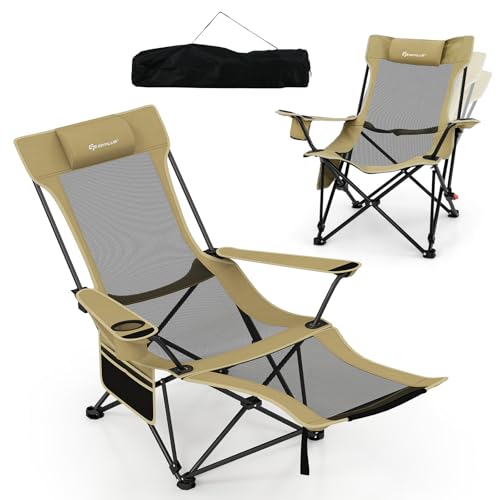 GOPLUS Silla Camping Ligera,150 kg, Sillas Playa Reclinable de 4 Posisiones con Reposapiés Extraíble, Portavasos,Respaldo Ajustable y Bolsa de Transporte, Chair Jardín para Competiciones Pesca (Caqui)