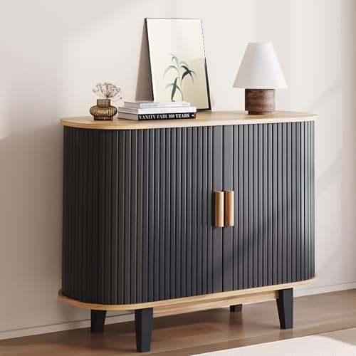 Garvee 40'' Fluted Sideboard Buffer Cabinet, Storage Cabinet with Sliding Door & Adjustable Shelf, Modern Credenza Storage Cabinets, Tambour Bar Console Table for Living Dining Room Kitchen 