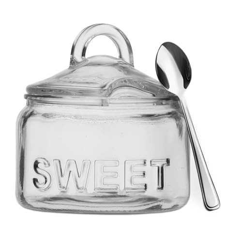 TIENDA EURASIA – Azucarero con Cuchara | Tarro para el Azúcar | con Tapa | Recipiente de Cristal | Incluye Cuchara | Tarro de Boca Ancha para Guardar
