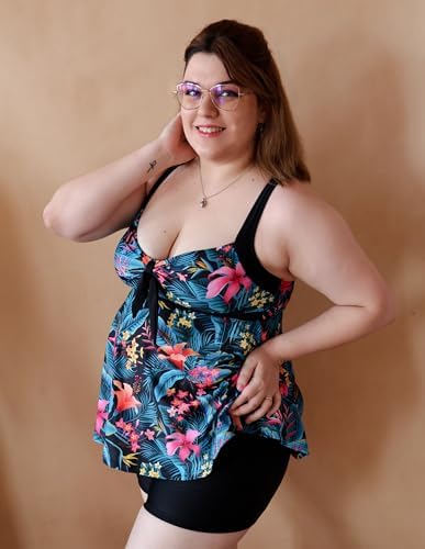 Hanna Nikole Women Plus Size Tankini Swimsuit, Two Piece Bathing Suits with Shorts, 2026 Flowy Swimwear Green Leaves Pink Flowers 24W - 2