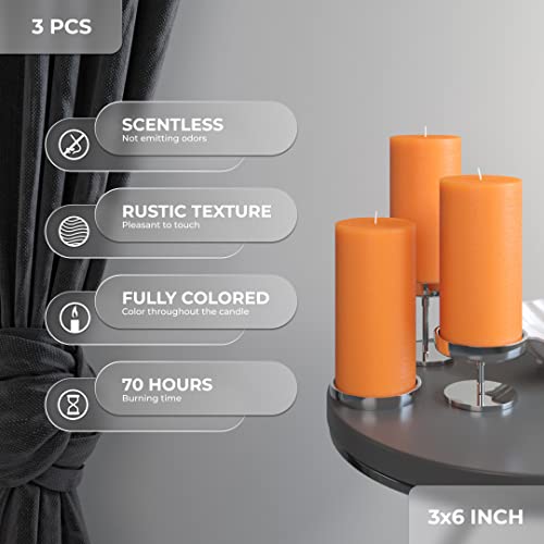 Candwax 3X6 Pillar Candle Set Of 3 - Decorative Rustic Candles Unscented And No Drip Candles - Ideal As Thanksgiving Candles Or Large Candles For Home Interior - Orange Candles #TOP2