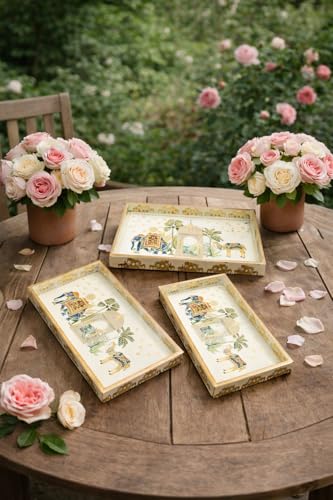 Image of Premium Wooden Serving Tray Set of 3 | Ethnic Indian Art Printed Tea, Coffee & Snack Trays | Decorative Multipurpose Home & Kitchen Serving Tray (C-03)