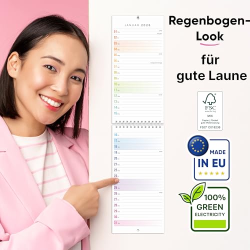 UNITURE® Kompakter Wandkalender 2026 schmal [12 x 50 cm] Ideal für schmale Wände in Flur und Küche I Streifenkalender 2026 lang I Kalender 2026 lang und schmal I Küchenkalender