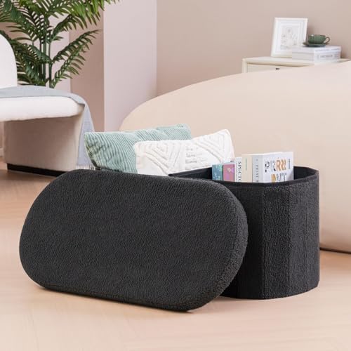 Image of B FSOBEIIALEO Ottoman with Storage for Living Room, Sherpa Folding Storage Ottoman Foot Rest, 30 Inches Collapsible Bedroom Bench Dark Grey