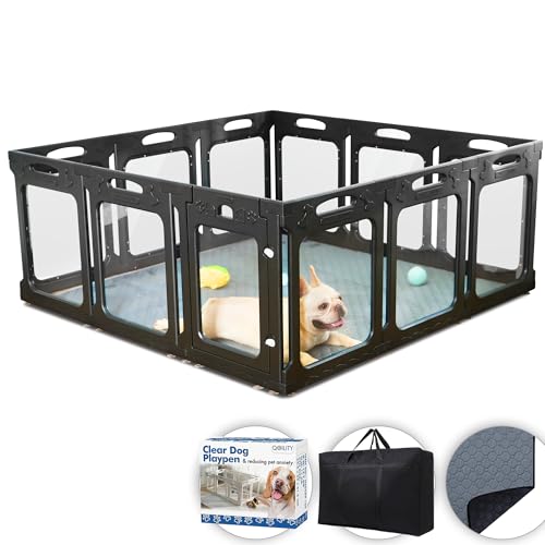 Qoility Clear Dog Playpen with Door - Height 24 Inch, 12 Panels - Reduces Indoor Puppy/Small Dog Anxiety, Black