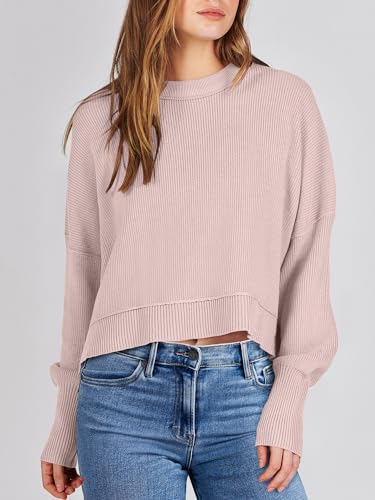 Image of ANRABESS Womens Cropped Sweaters Oversized Crewneck Long Batwing Sleeve Side Slit Ribbed Knit Pullover Tops 2025 Fall Clothes Small Pink