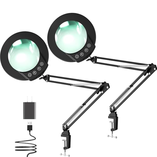 mandland 2 Stück 10X Lupe mit Licht und Klemme, beleuchtete Lupe aus echtem Glas mit 5 Farb & stufenloser Dimmbarkeit, freihändige Schreibtischlampe für Hobbys, Basteln, Lesen und Naharbeit (schwarz)