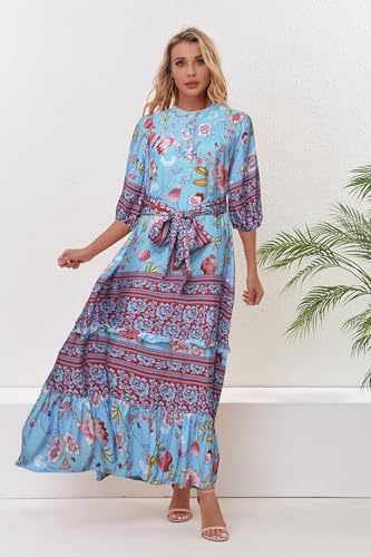 Image of Women Boho High-Waist Floral Print Maxi Dress 3 /4 Sleeve Casual | Soft Rayon, Breathable, Quick-Dry. High-Waist with Adjustable Belt, Flattering Hem. Ideal for Beach, Work & Dating.