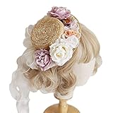 花の装飾大きなつばフラット帽子ロリータ抗 ティーパーティー砂浜帽子海辺の夏休みの太陽の帽子 Adjusta