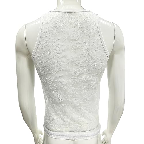 Men's Vest Floral Lace Muscle Crop Tank Top See-Through Sleeveless Casual Tee Shirt Undershirt Nightwear3